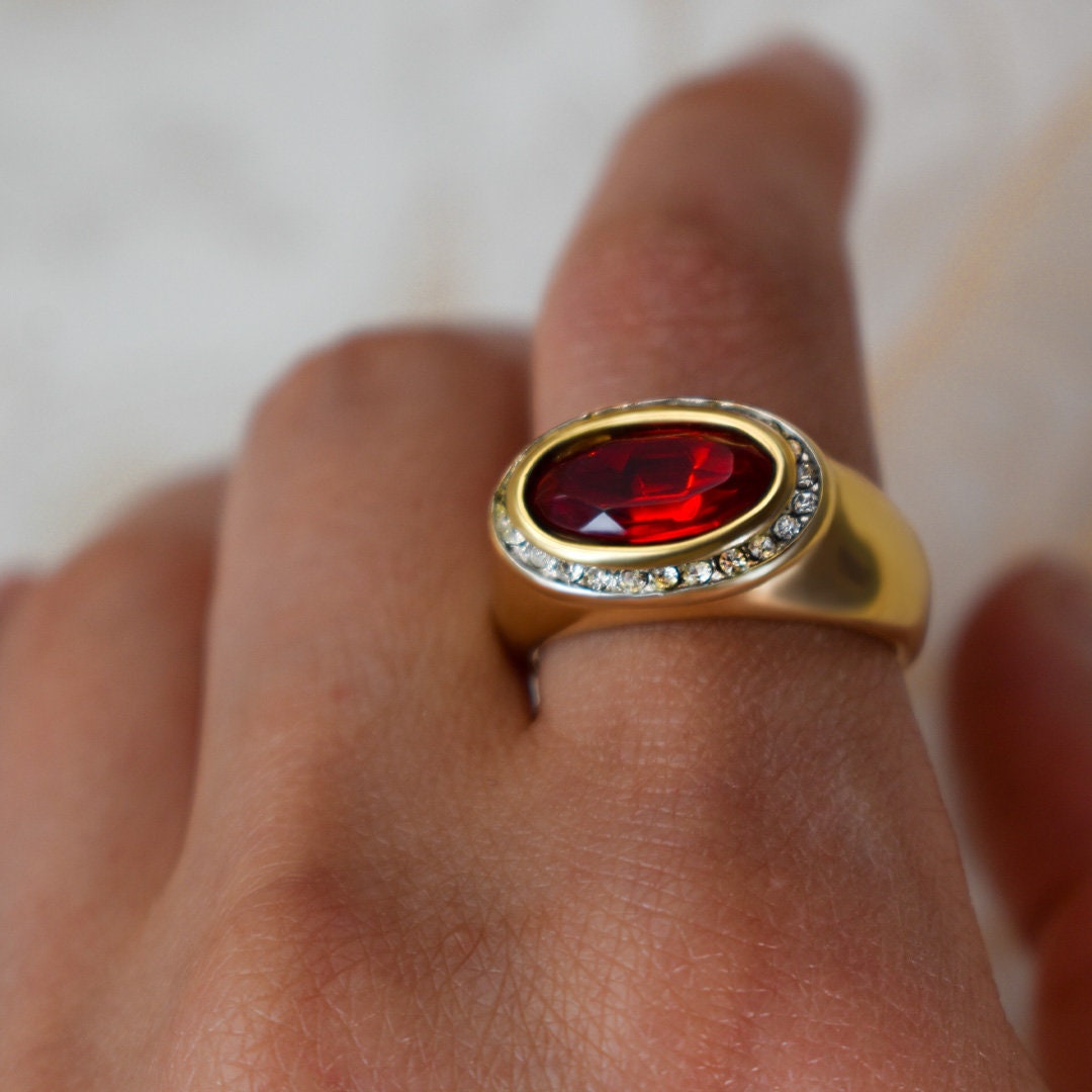 Vintage Ring Ruby Clear Austrian Crystals 18k Gold Polished Finish Womans Antique Rings For Women