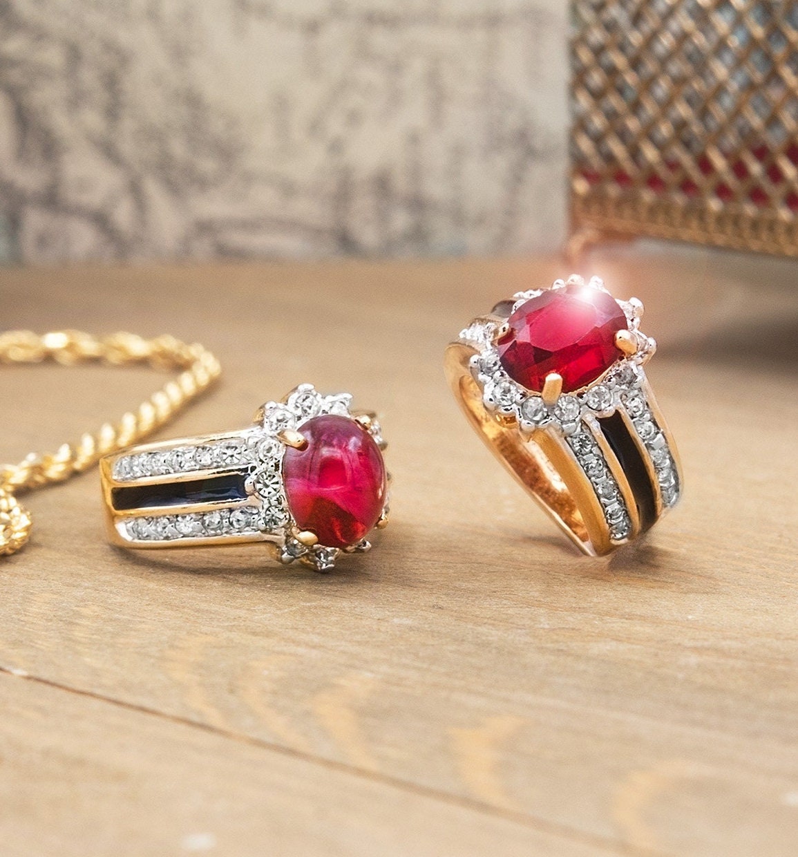 Vintage Ring 1980s Ruby Cabochon Crystal Stone Surrounded by Clear Crystals and Black Enamel Womens Antique Ring