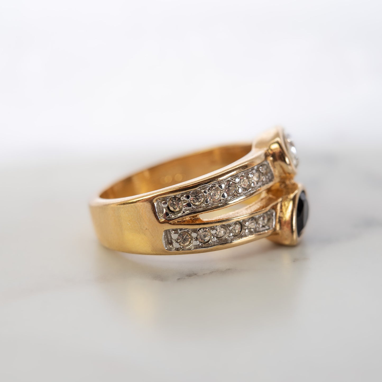 Vintage Women's Ring Black or Amethyst and Clear Crystal Cocktail Ring 18k Gold Electroplated