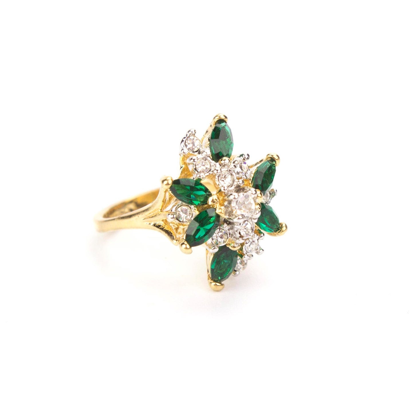 Vintage Ring Aquamarine and Clear Swarovski Crystals 18k White Gold Unique Cluster Antique Womans #R1863-AQW Size: 4