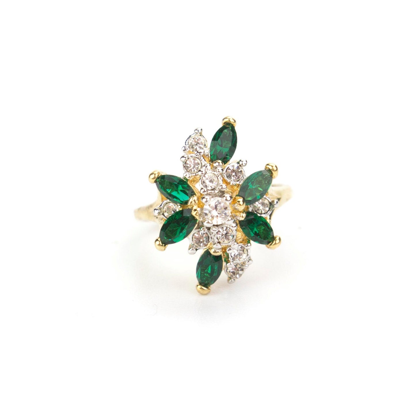 Vintage Ring Aquamarine and Clear Swarovski Crystals 18k White Gold Unique Cluster Antique Womans #R1863-AQW Size: 4