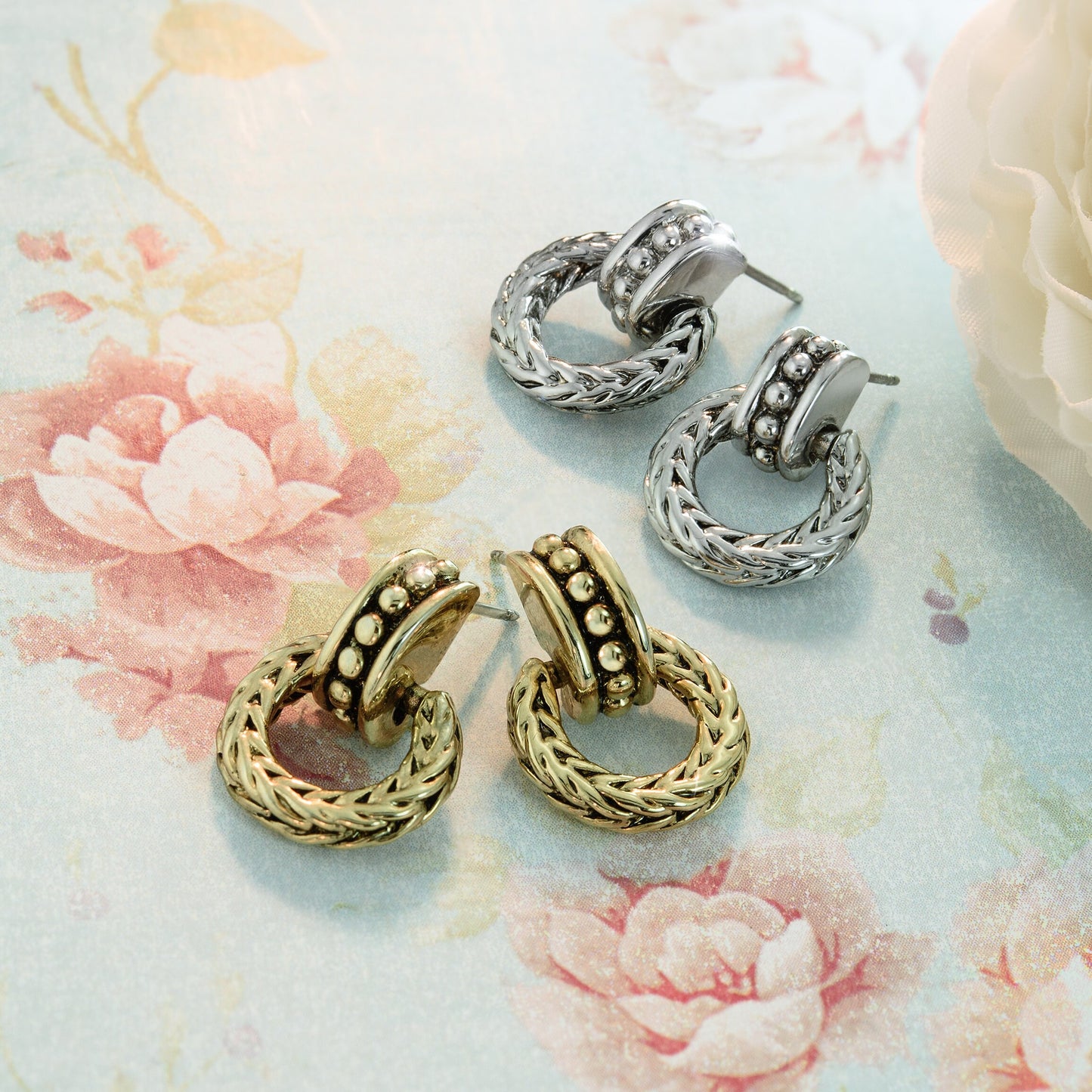 Vintage Oscar De La Renta Antiqued Gold Tone Braided Dangling Hoops Earrings