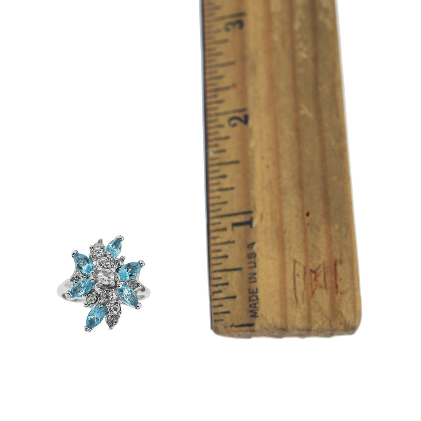 Vintage Ring Aquamarine and Clear Swarovski Crystals 18k White Gold Unique Cluster Antique Womans #R1863-AQW Size: 4
