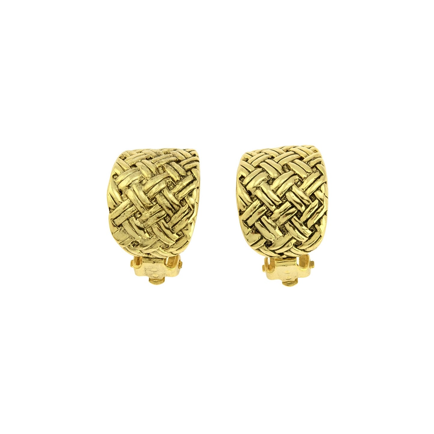 Vintage Oscar de la Renta Clip Earrings Antique Yellow Gold Basket Weave Design