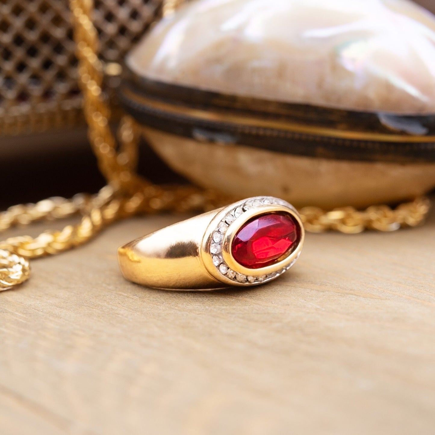 Vintage Ring Ruby Clear Austrian Crystals 18k Gold Polished Finish Womans Antique Rings For Women