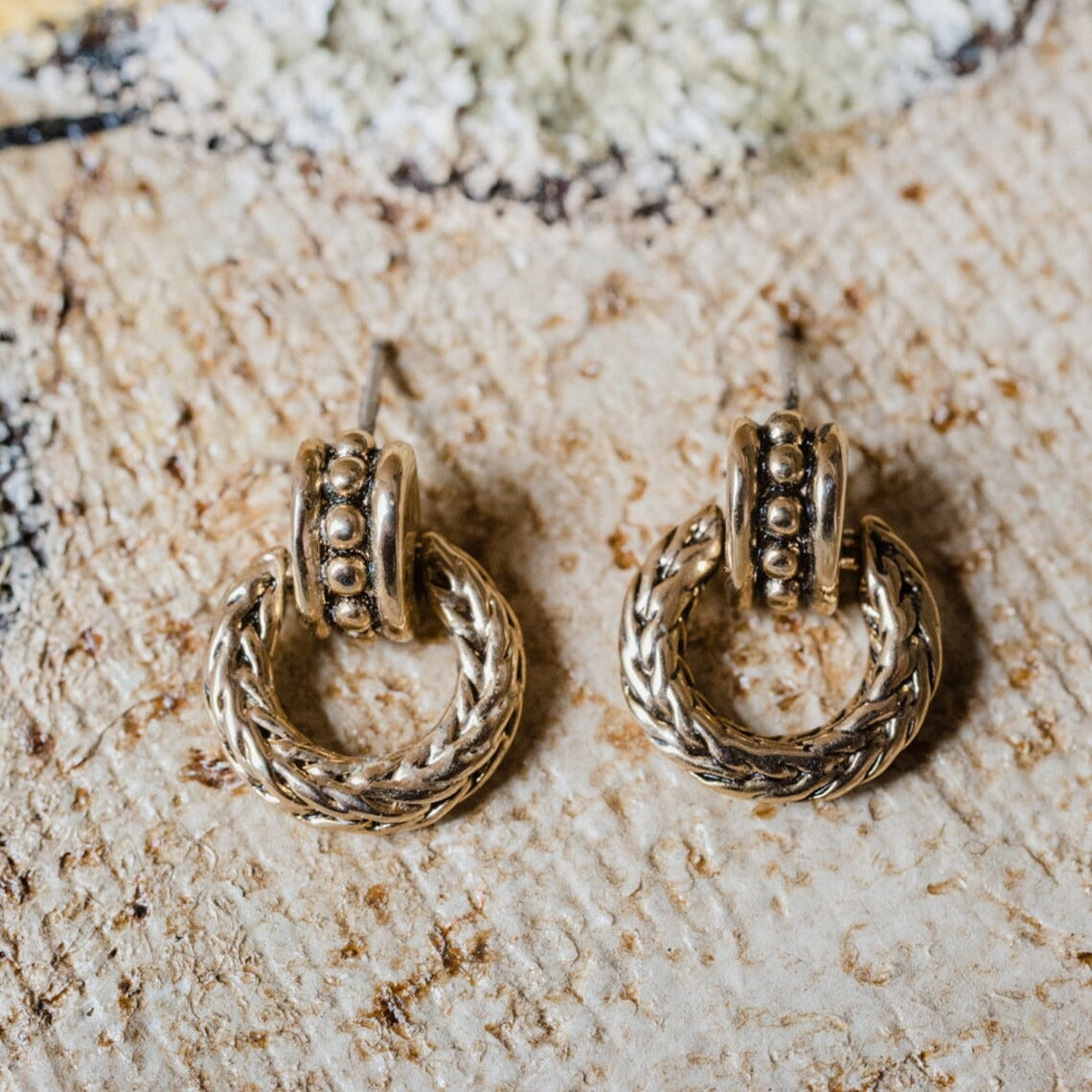 Vintage Oscar De La Renta Antiqued Gold Tone Braided Dangling Hoops Earrings
