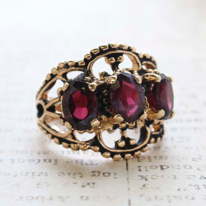 Vintage Jewelry Garnet Crystal Cocktail Ring in 18kt Yellow Gold Electroplate Made in the USA