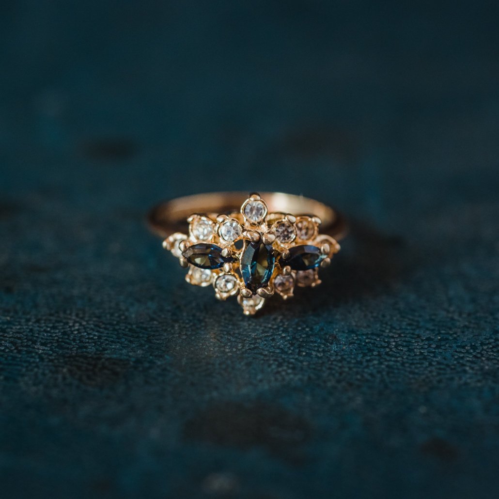 Vintage Ring Genuine Stone or Austrian Crystal Cluster 18k Yellow or White Gold Electroplated Made in USA