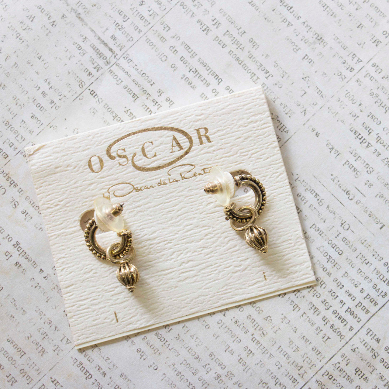 Vintage Oscar De La Renta Antiqued Gold Tone Textured Hoops with Removable Dangling Charms Earrings