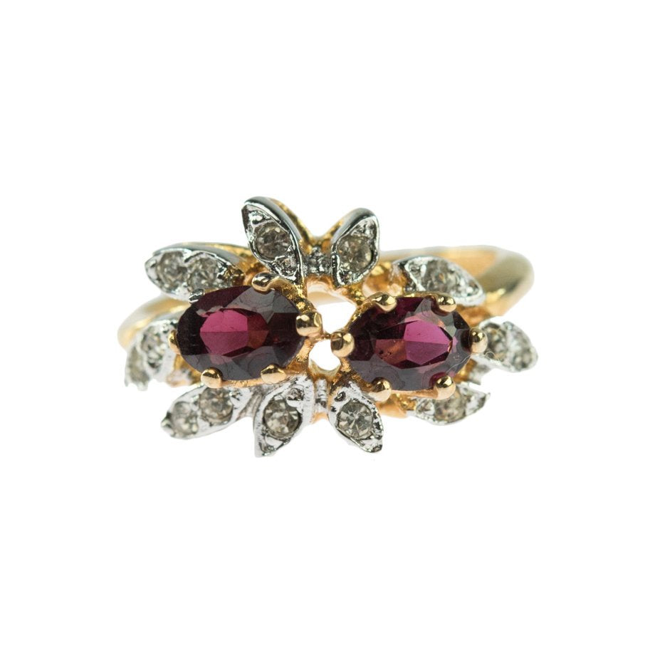 Vintage Ring Genuine Garnet and Clear Swarovski Crystals 18kt Gold Plated Band January Birthstone R1717 Size: 9