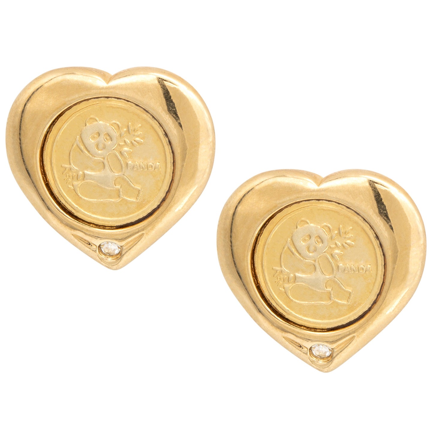 Vintage Panda Bear Heart Earrings with Diamond Chip 18k Gold Electroplated Handcrafted Made in USA