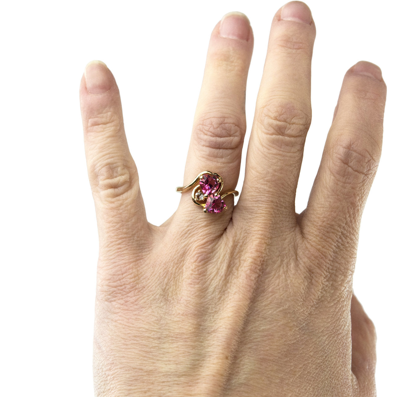 Vintage Ring Cubic Zirconia Double Heart Ring 18k Gold Antique Womans Handmade Jewelry R2342