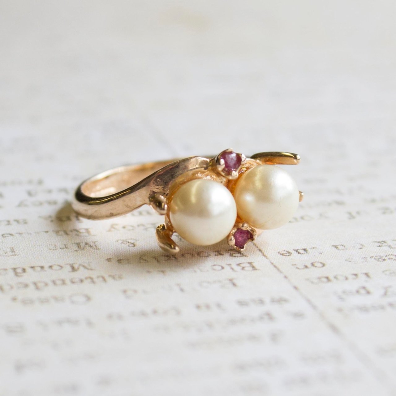Vintage Pearl Beads with Genuine Ruby Accents 18k Gold Electroplated Ring Made in USA