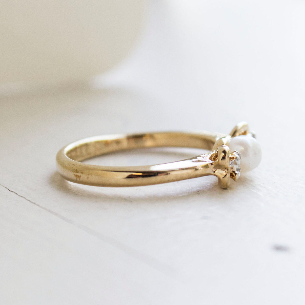 A Vintage Ring Pearl Bead Ring with Swarovski Crystal Accents 18k Gold Pearl Jewelry for Women #R1704 Size: 3