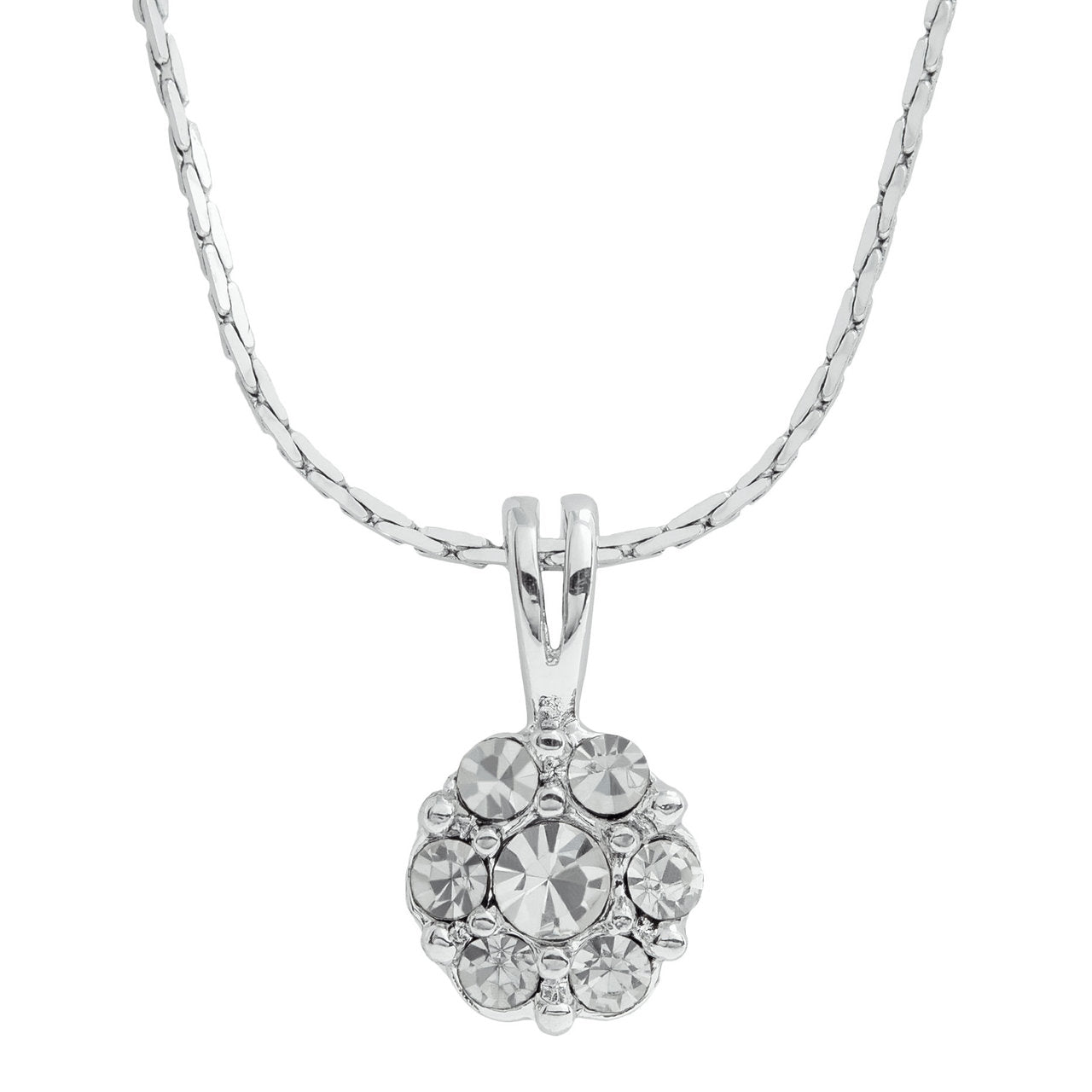 Vintage Flower Pendant Clear Austrian Crystals 18k White Gold Electroplated