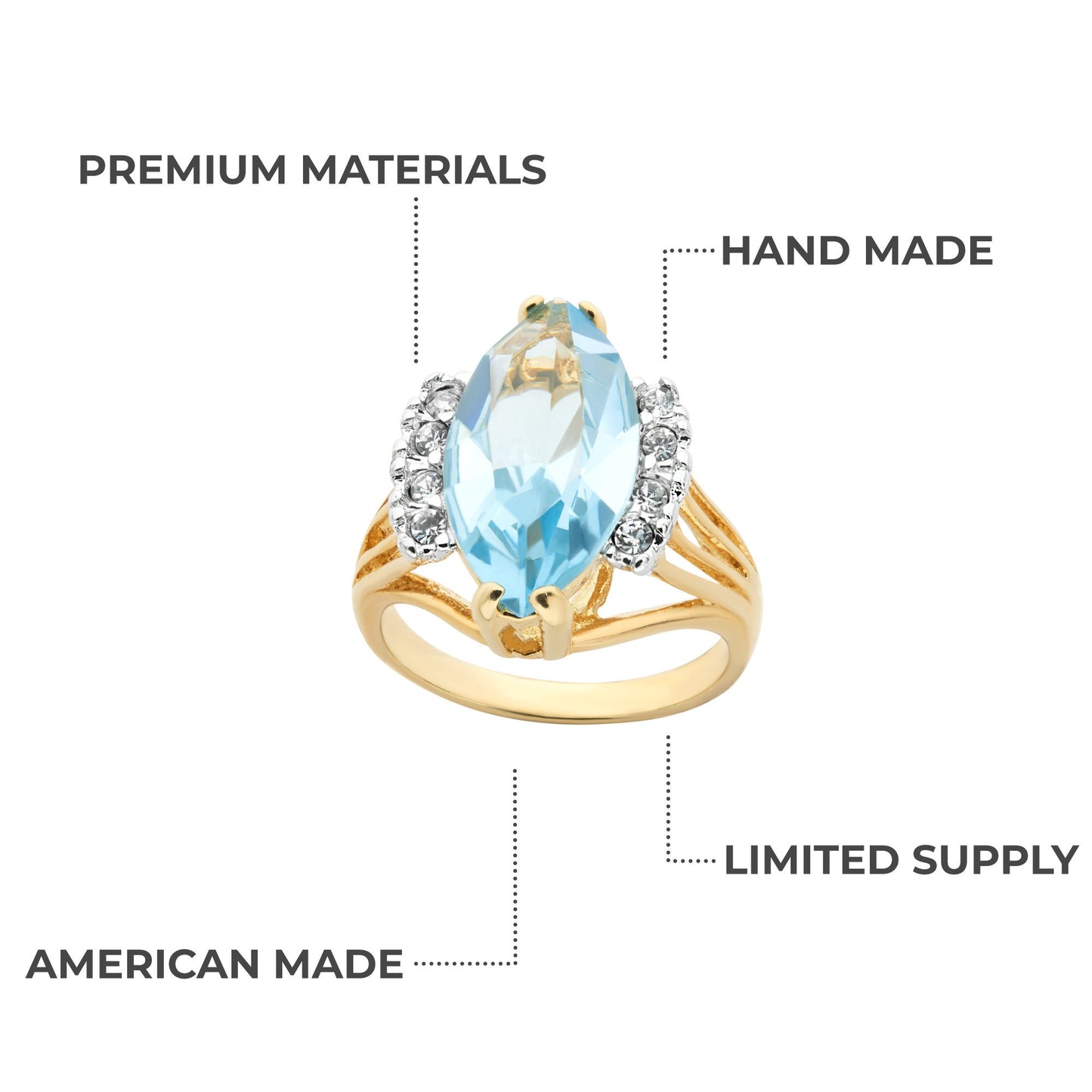 Vintage Ring Aquamarine Marquise Crystal 18k Gold Antique Womans Jewelry Handmade Rings