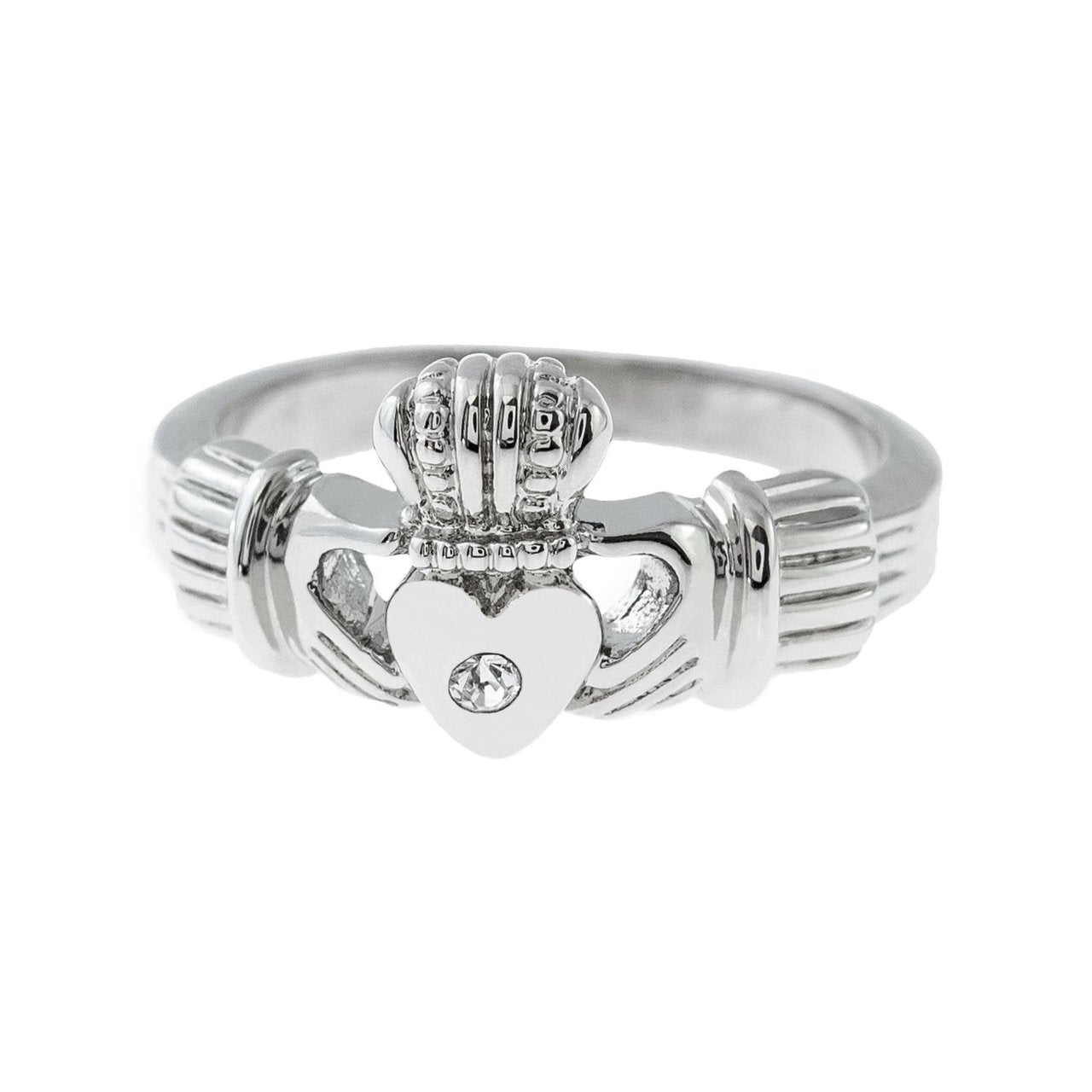 Vintage Jewelry Clear Austrian Crystal Claddagh Ring 18k White Gold Electroplated Made in the USA