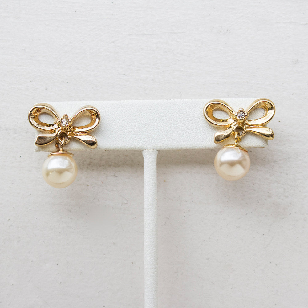 Vintage Earrings Pearl Earring and Necklace Set Gold Tone with Swarovski Crystal Antique Handmade Jewelry #EN580