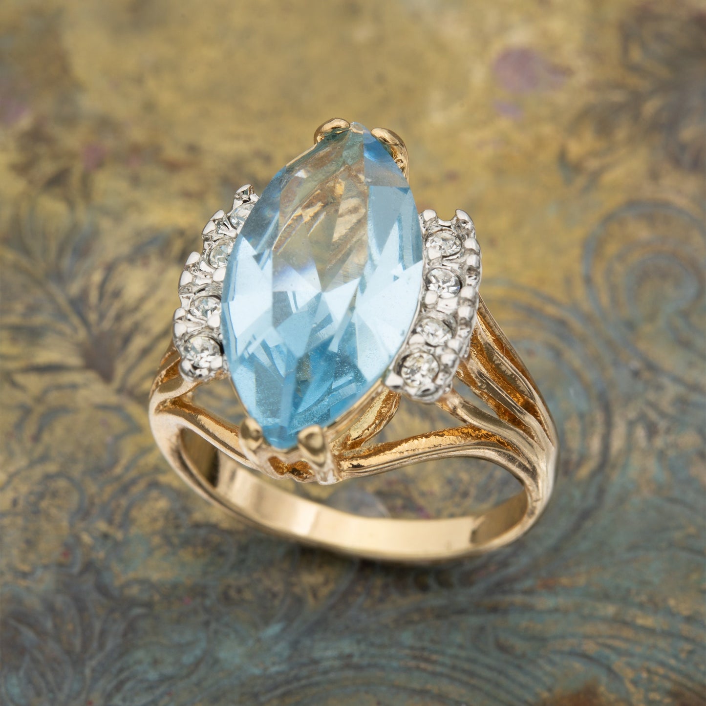 Vintage Ring Aquamarine Marquise Crystal 18k Gold Antique Womans Jewelry Handmade Rings