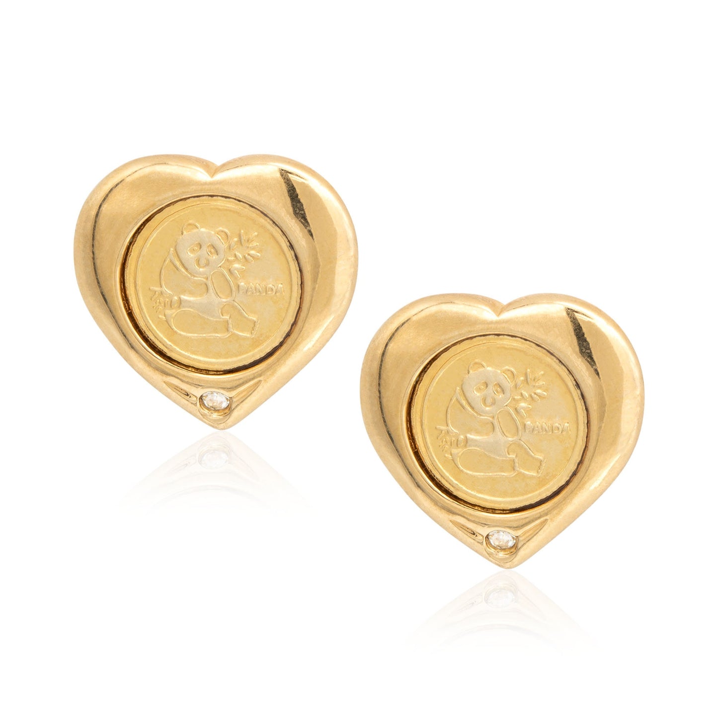 Vintage Panda Bear Heart Earrings with Diamond Chip 18k Gold Electroplated Handcrafted Made in USA
