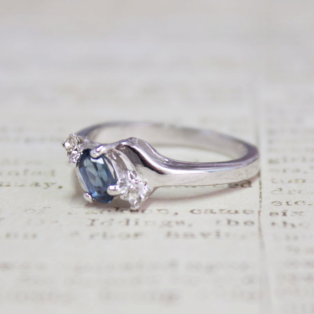 Vintage Ring Sapphire & Clear Austrian Crystals 18k White Gold Electroplated September Birthstone