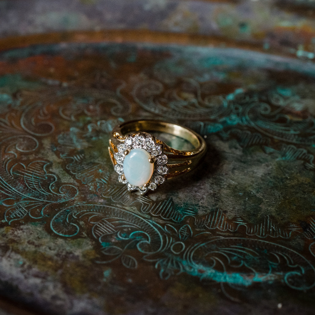 Vintage Jewelry Genuine Stone or Crystal Surrounded by Clear Austrian Crystals Ring Made in the USA