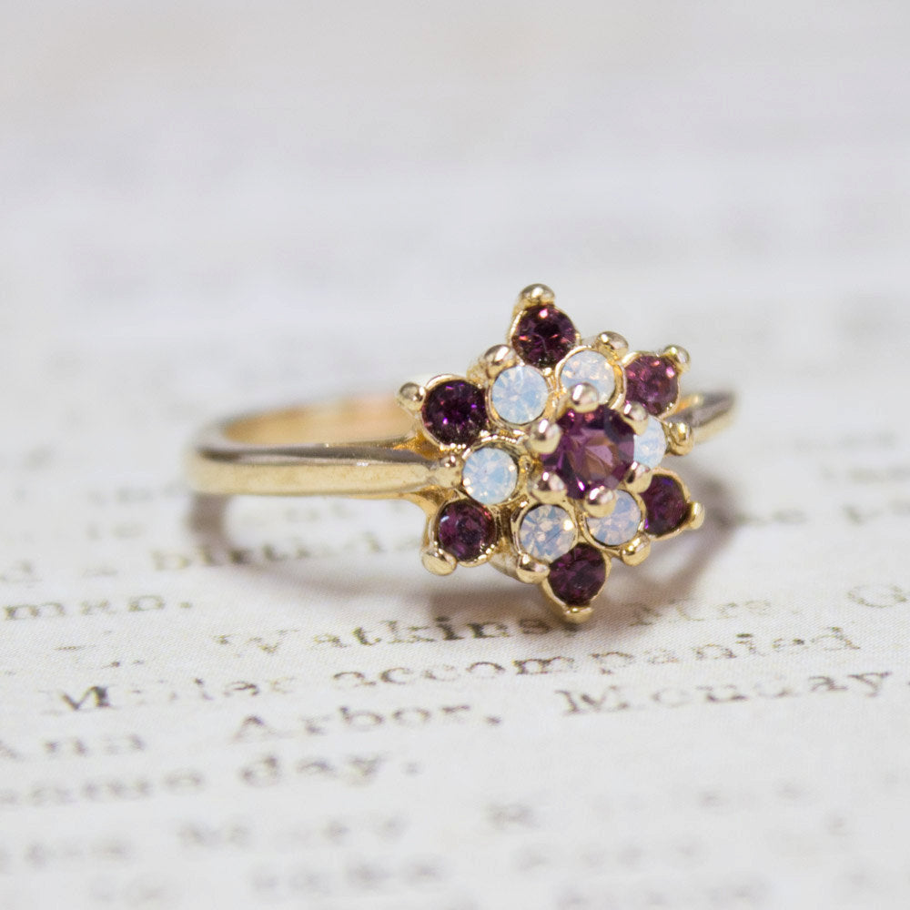 Vintage Rose and Amethyst Austrian Crystal Star Ring 18k Yellow Gold Electroplate Made in the USA