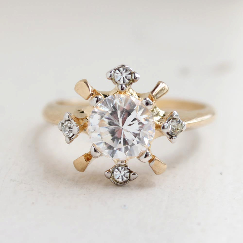 Vintage Cubic Zirconia and Austrian Crystal 18k Gold Electroplated Engagement Ring Made in USA Size: 5