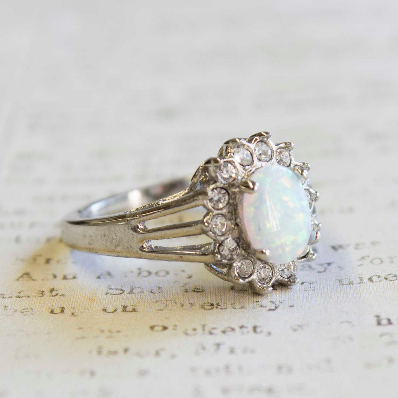 Vintage Jewelry Genuine Stone or Crystal Surrounded by Clear Austrian Crystals Ring Made in the USA