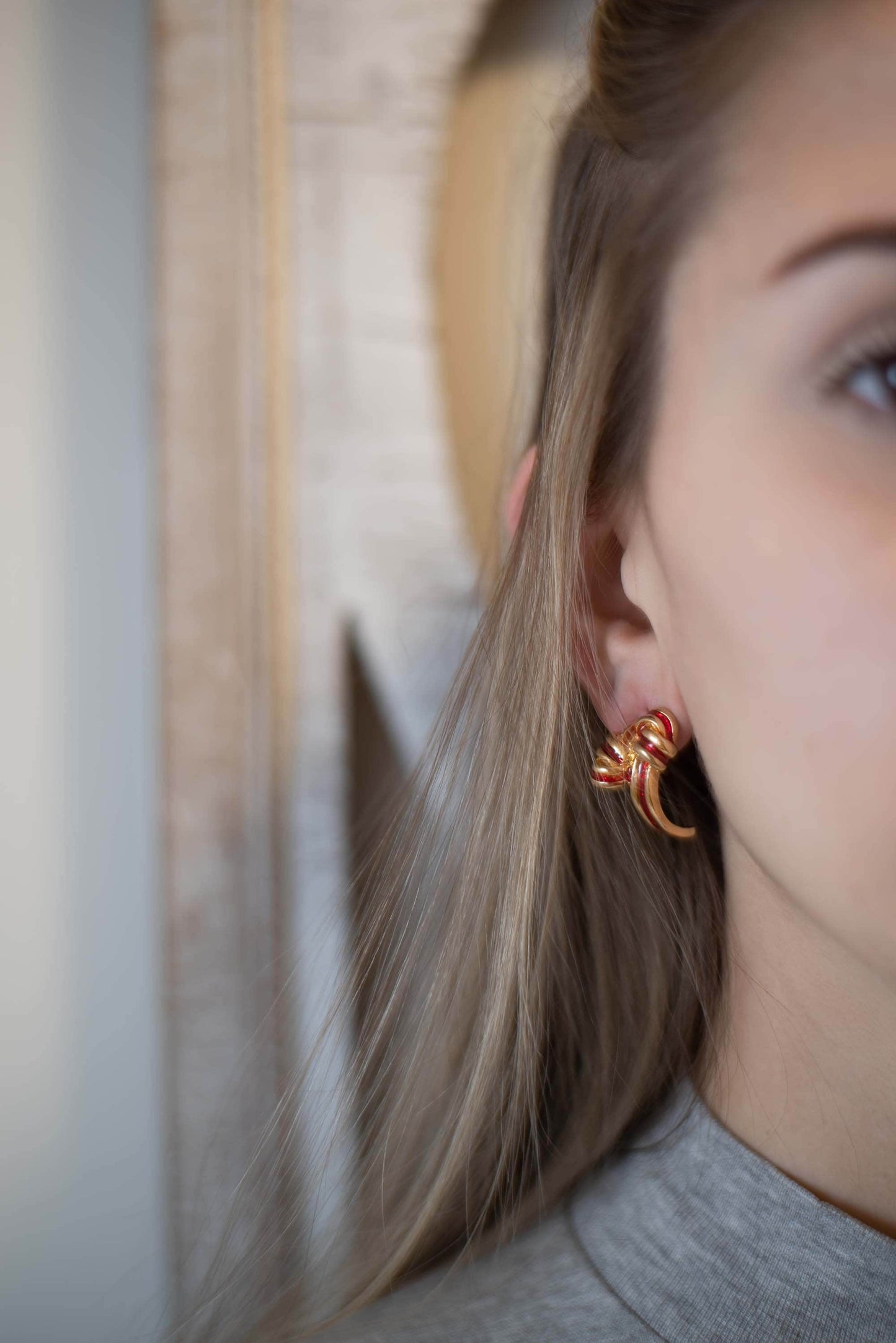 Riley Mid Century Gold and Red Enamel Post Earrings