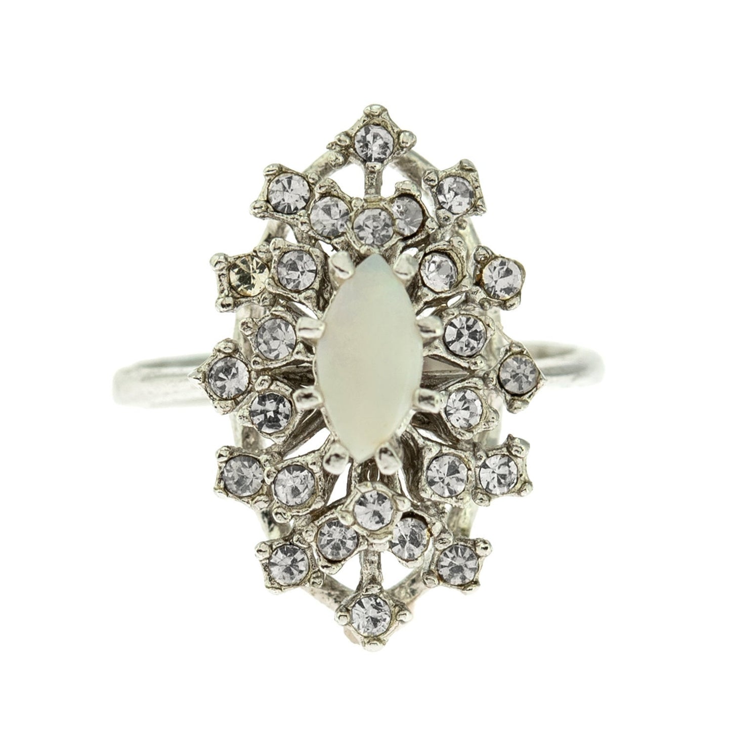 Vintage Ring Genuine Opal with Clear and Ruby Austrian Crystals 18kt Yellow Gold Electroplated