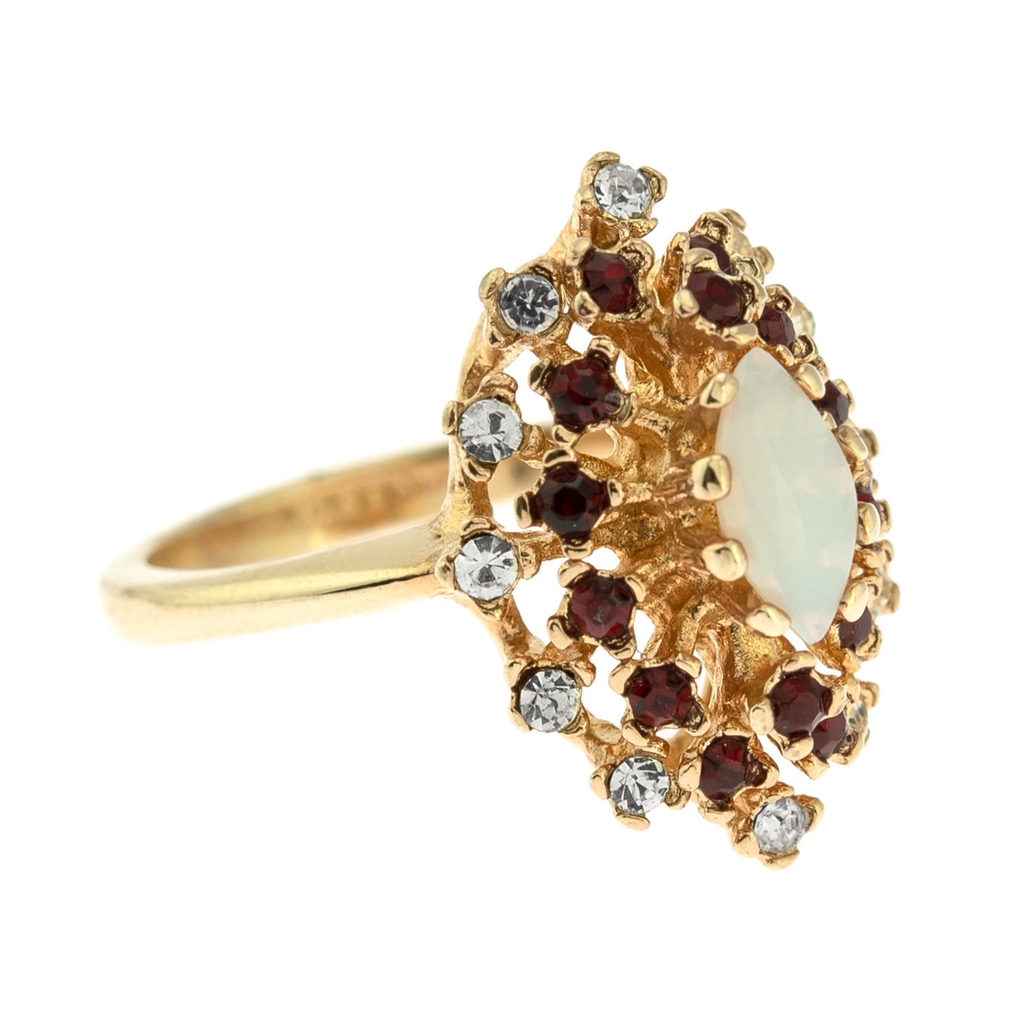 Vintage Ring Genuine Opal with Clear and Ruby Austrian Crystals 18kt Yellow Gold Electroplated