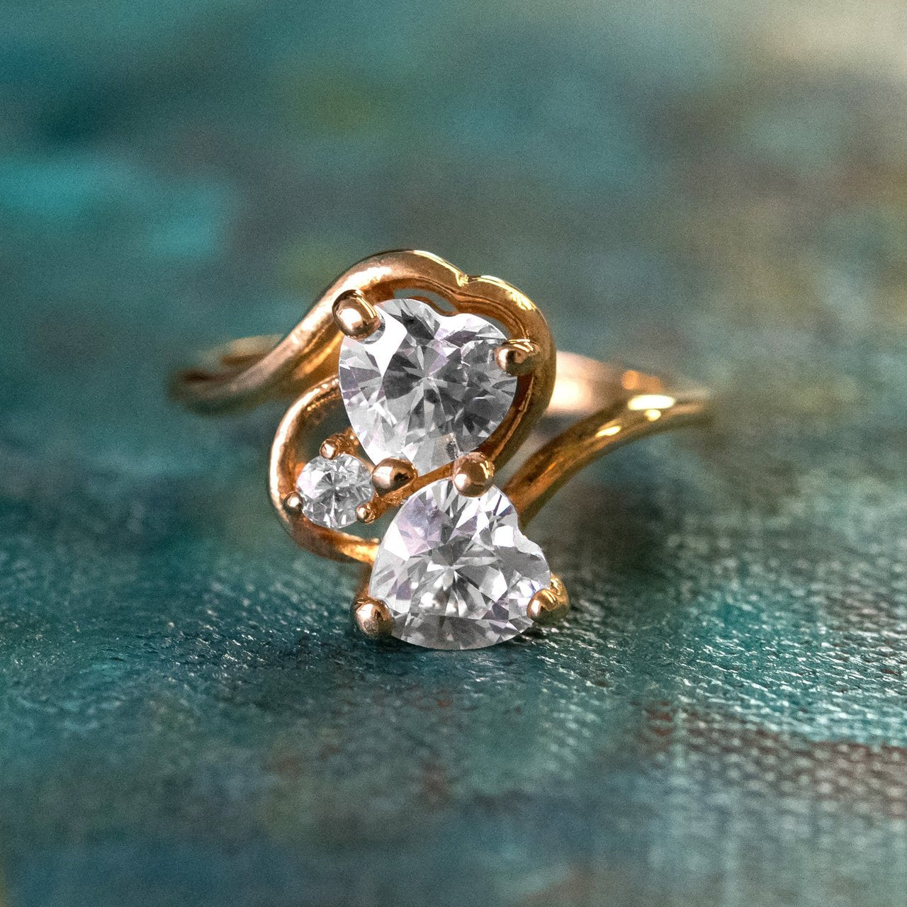 Vintage Ring Cubic Zirconia Double Heart Ring 18k Gold Antique Womans Handmade Jewelry R2342