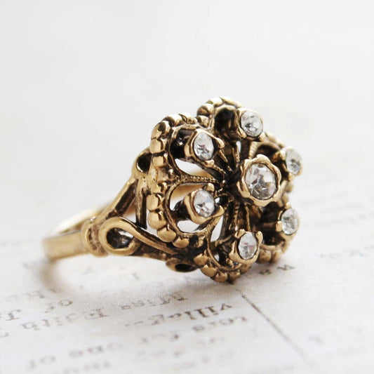Vintage Citrine Austrian Crystals Filigree Style Antiqued 18k Yellow Gold Electroplated Ring