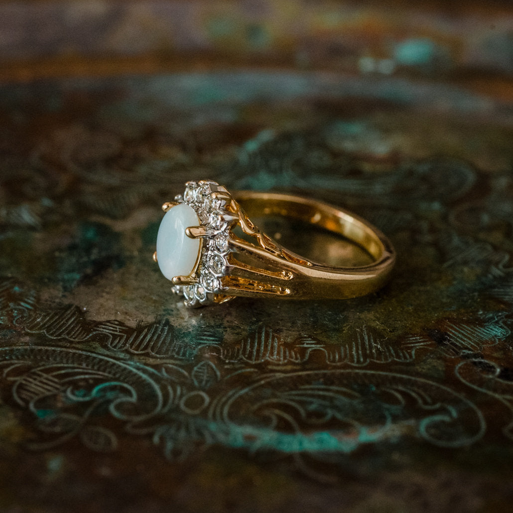 Vintage Jewelry Genuine Stone or Crystal Surrounded by Clear Austrian Crystals Ring Made in the USA
