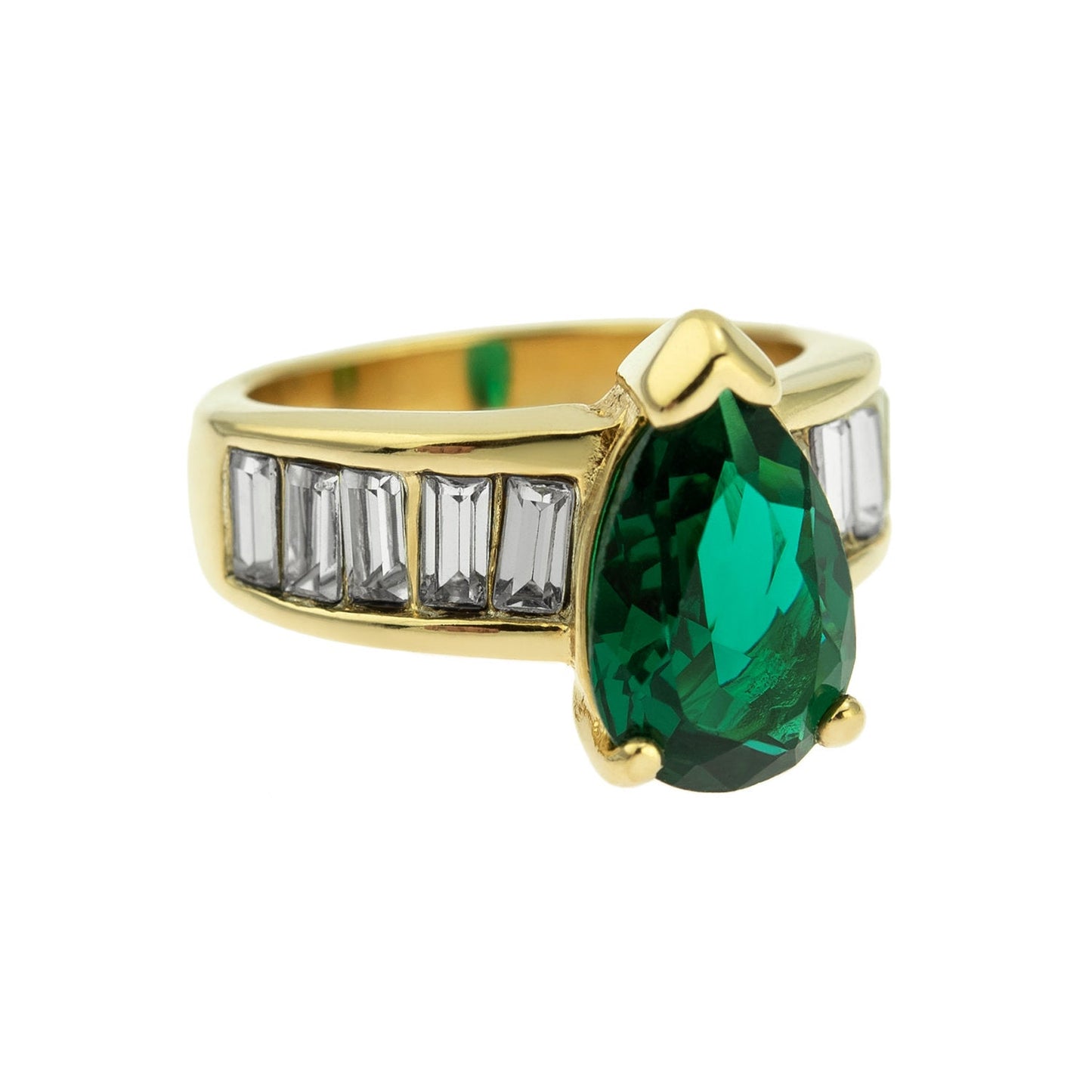 Vintage 1970s Ring Teardrop Solitair Austrian Crystals 18k Yellow Gold Electroplate