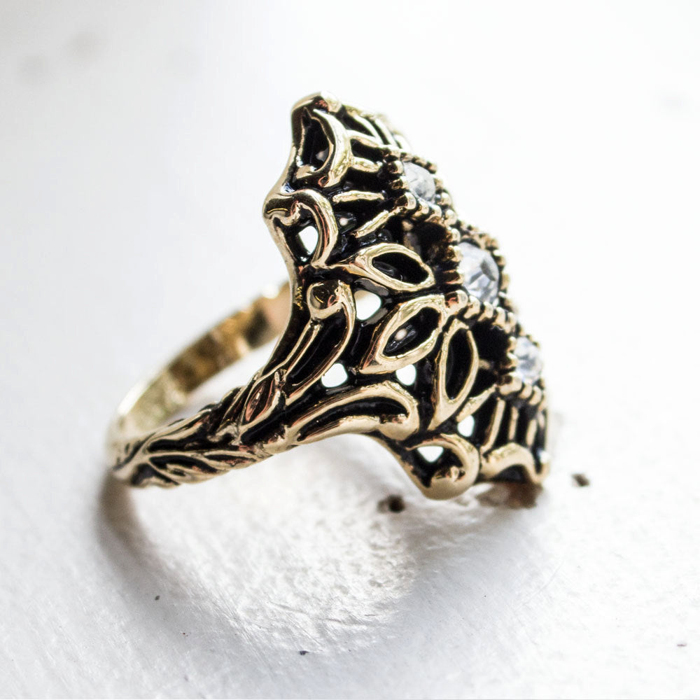 Vintage Edwardian Style Ring Antique 18k Yellow Gold Electroplated Clear Austrian Crystals Size: 7