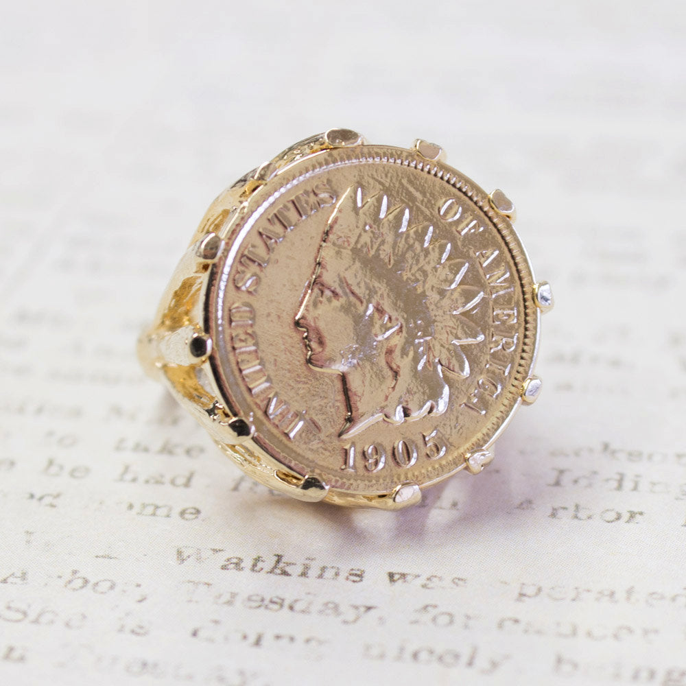 coin ring-penney ring-gold coin ring-gold penny ring-indian penny ring 1906