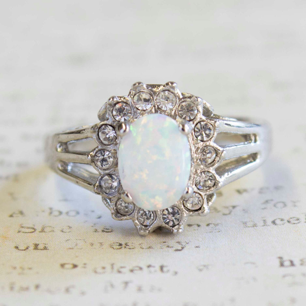 Vintage Jewelry Genuine Stone or Crystal Surrounded by Clear Austrian Crystals Ring Made in the USA