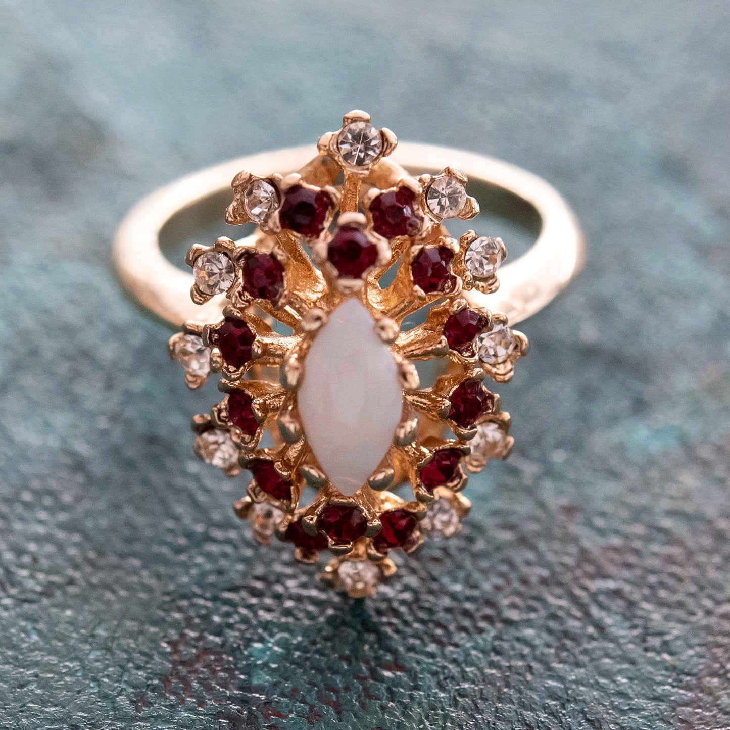 Vintage Ring Genuine Opal with Clear and Ruby Austrian Crystals 18kt Yellow Gold Electroplated