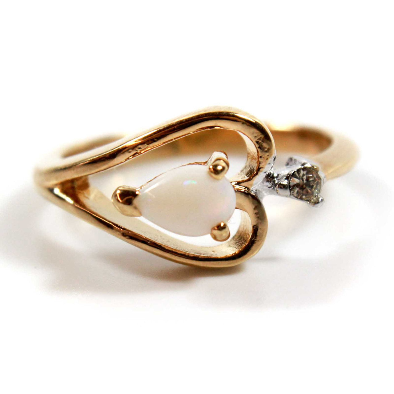 Vintage Ring 1970s Genuine Opal Heart Ring Swarovski Crystal Opalo Womans Jewelry Dainty Stacking Rings #852 Size: undefined