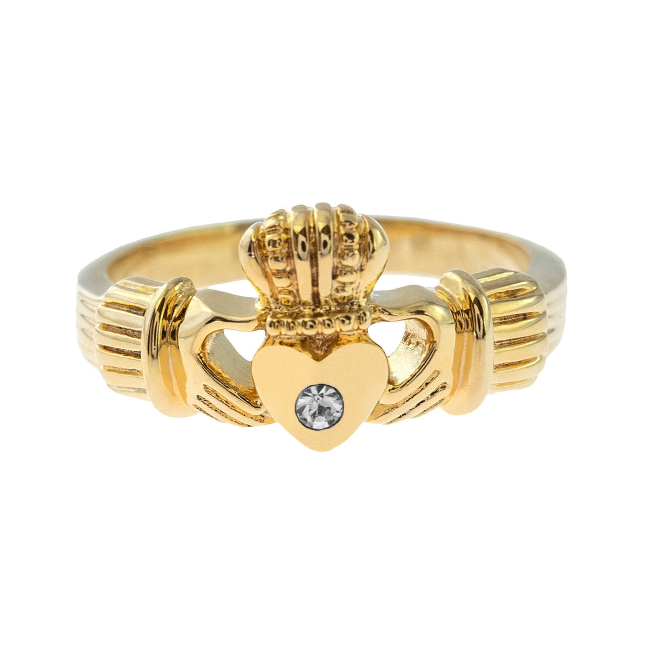 Vintage Jewelry Clear Austrian Crystal Claddagh Ring 18k Yellow Gold Electroplated Made in the USA