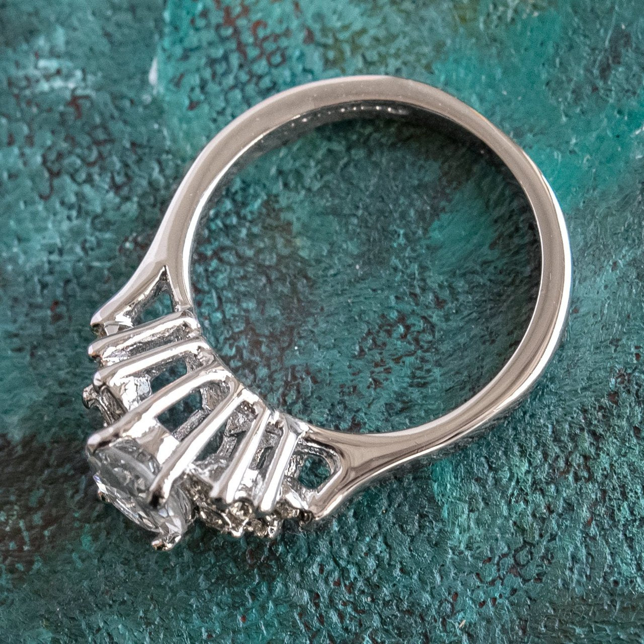 Vintage 1980's Cubic Zirconia Ring with Clear Austrian Crystals 18k Yellow Gold Electroplated