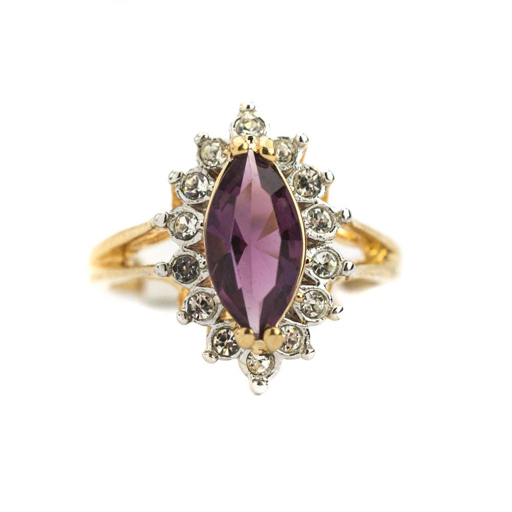 Vintage Amethyst and Clear Swarovski Crystals 18k Yellow Gold Plated February Birthstone Made in USA #R1891
