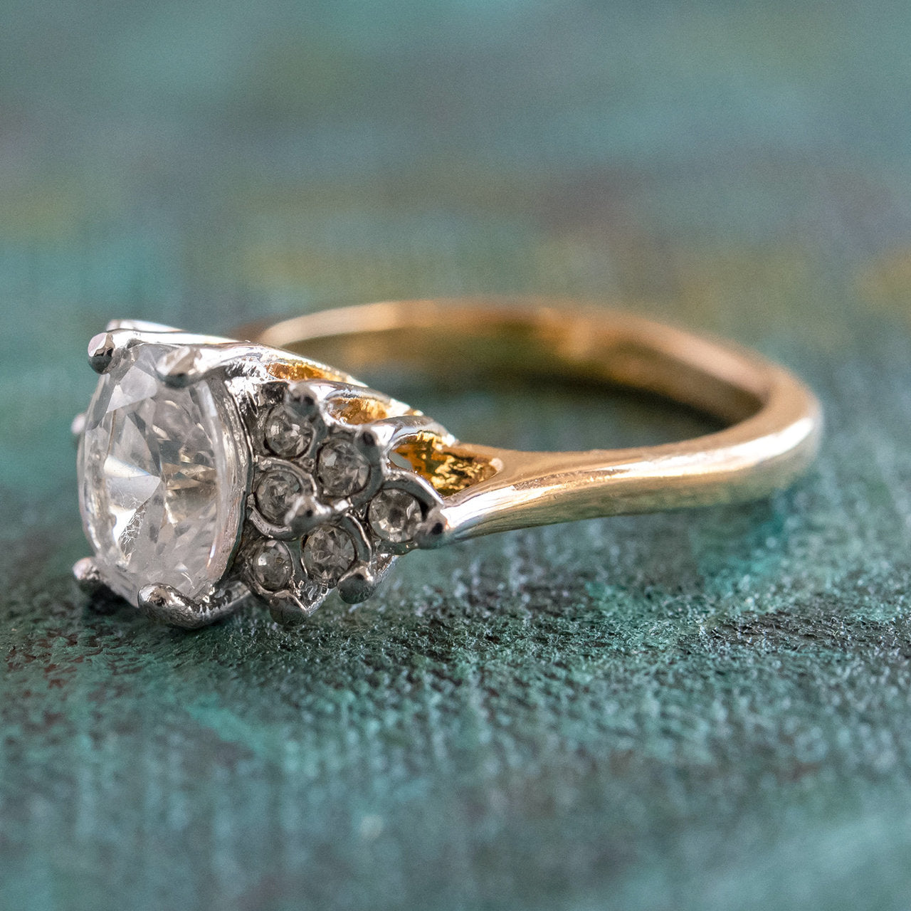 Vintage 1980's Cubic Zirconia Ring with Clear Austrian Crystals 18k Yellow Gold Electroplated