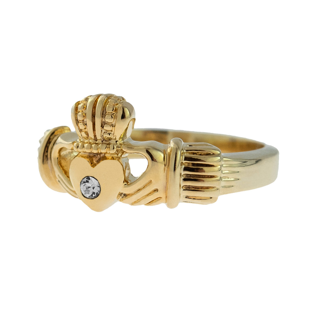 Vintage Jewelry Clear Austrian Crystal Claddagh Ring 18k Yellow Gold Electroplated Made in the USA