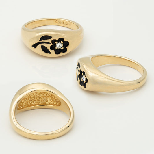 Vintage Ring 1980's Flower Ring Enamel with Clear Cubic Zirconia 18k Gold Antique Womans Jewelry Rings R856-FCY Size: 5