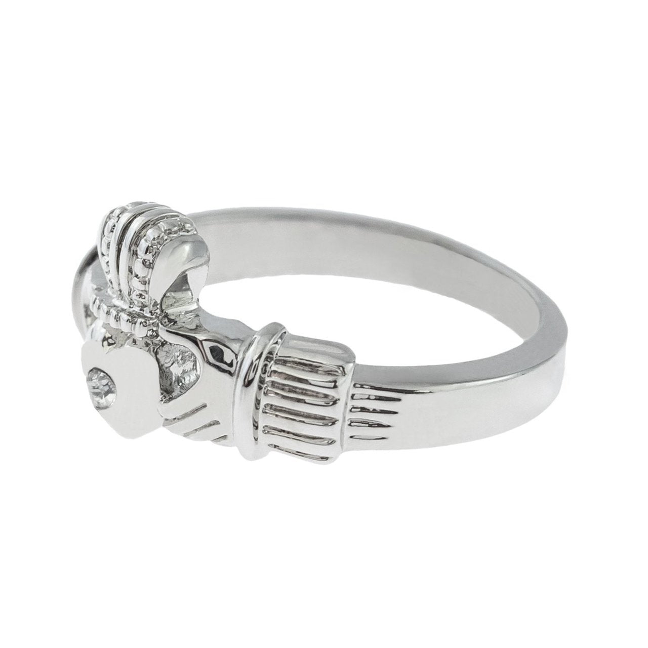 Vintage Jewelry Clear Austrian Crystal Claddagh Ring 18k White Gold Electroplated Made in the USA