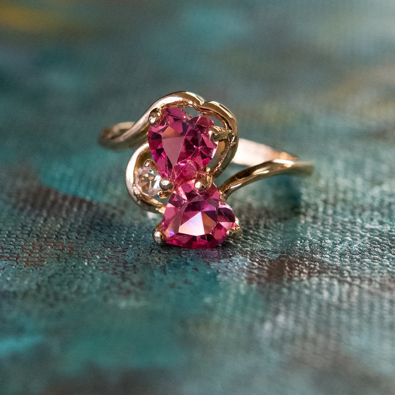 Vintage Ring Cubic Zirconia Double Heart Ring 18k Gold Antique Womans Handmade Jewelry R2342