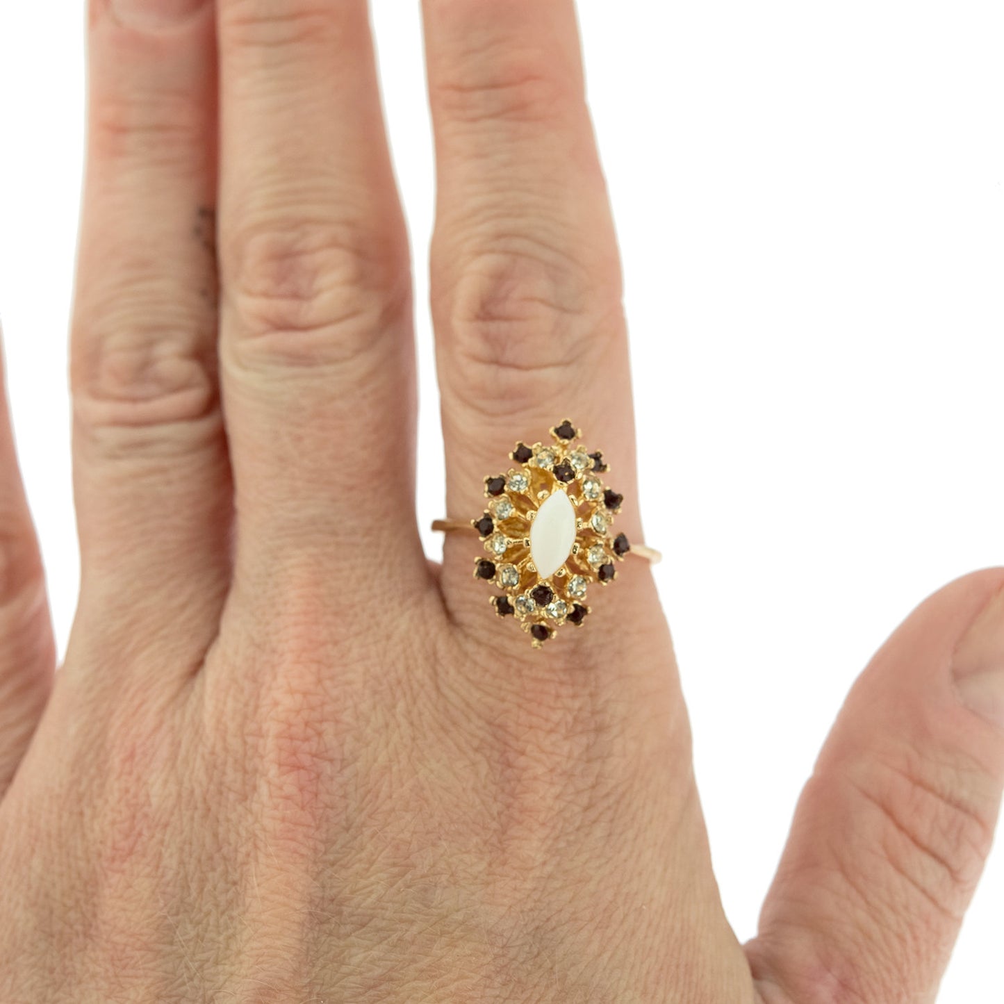 Vintage Ring Genuine Opal with Clear and Ruby Austrian Crystals 18kt Yellow Gold Electroplated